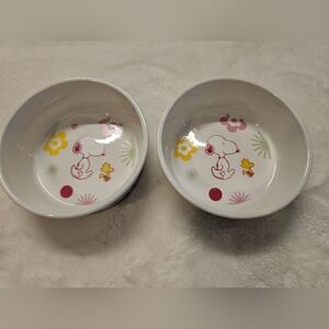 Set Of 2 Peanuts Cat/Dog Bowls - White with Snoopy And Woodstock Accents